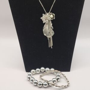 Silver Tone Chain Flower Tassel Feather Charm Necklace and Bracelet Lot Of 3